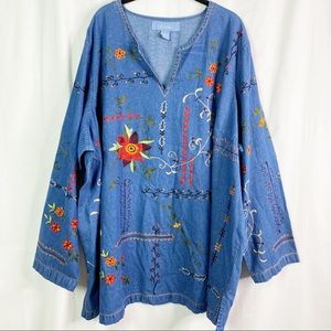 Vintage Denim Floral Boho Embroidered Tunic Top, Size 4X